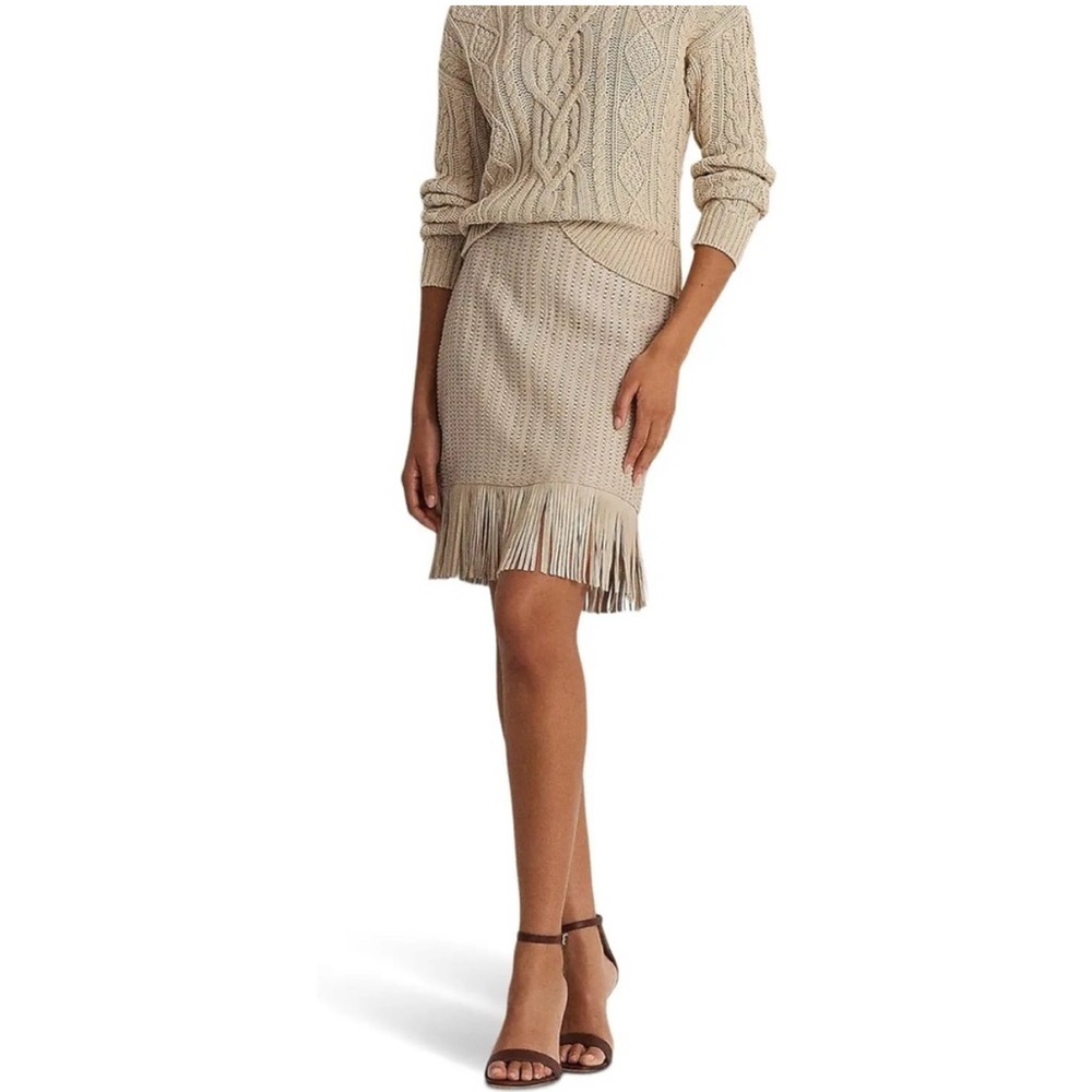 Ralph Lauren Cream Fringe Hem Knit Pencil Skirt